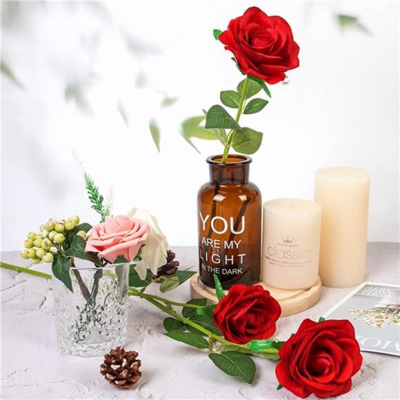 Other 18 Pcs Artificial Red Roses Fake Silk Flowers Long Stem Roses